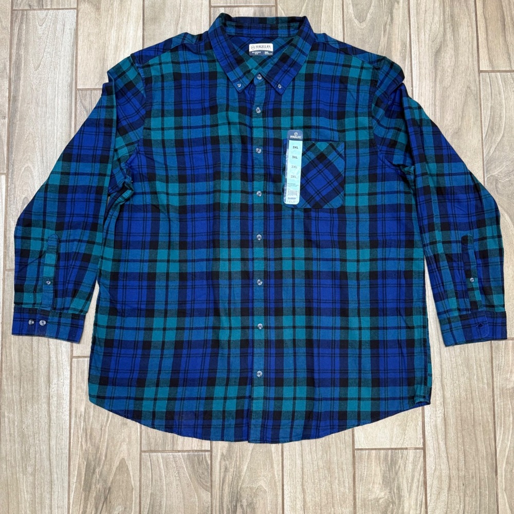 Magellan Outdoors Mens 3XL Blue Teal Plaid Flannel Button‎ Down Classic Fit NWT
